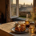 Petit-déjeuner en chambres d hotes caen, table en lin ivoire, vue jardin