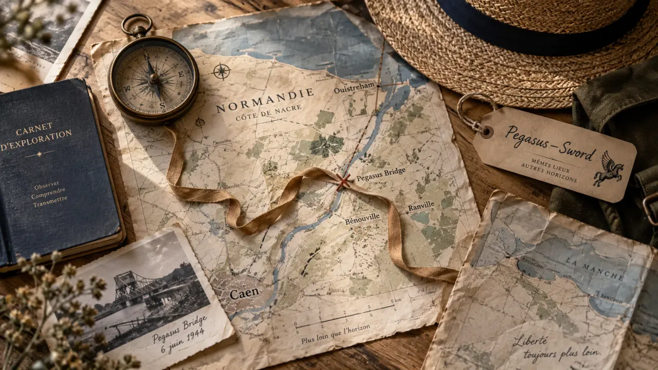Circuit plage du débarquement : étiquette Pegasus–Sword sur carte.