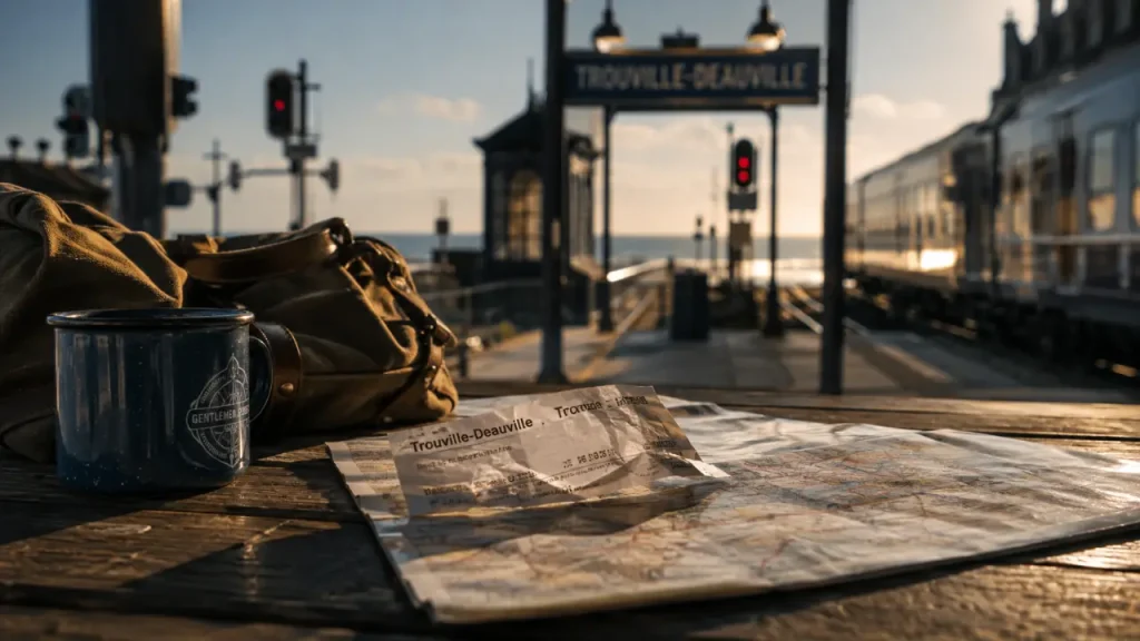 Derniere minute week end normandie : billets et carte sur une table devant la gare de Trouville-Deauville