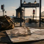 Derniere minute week end normandie : billets et carte sur une table devant la gare de Trouville-Deauville