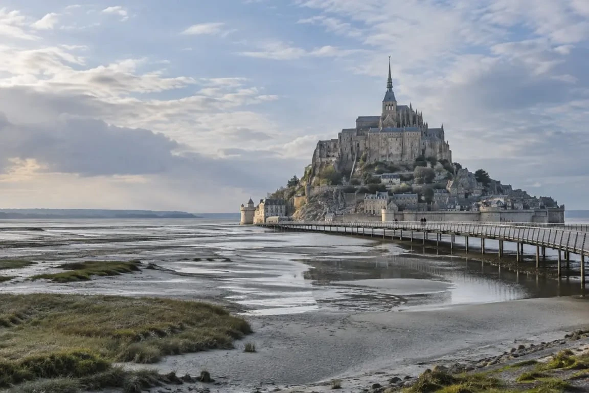 Itinéraire Mont-Saint-Michel et vue du monument depuis la baie