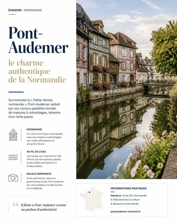 Canaux et maisons à colombages de la Venise normande à Pont-Audemer