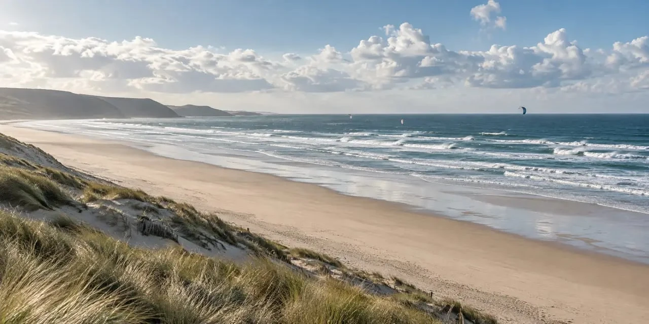 Plage du Cotentin à Siouville-Hague avec dunes, vagues et pratiquants de sports de glisse