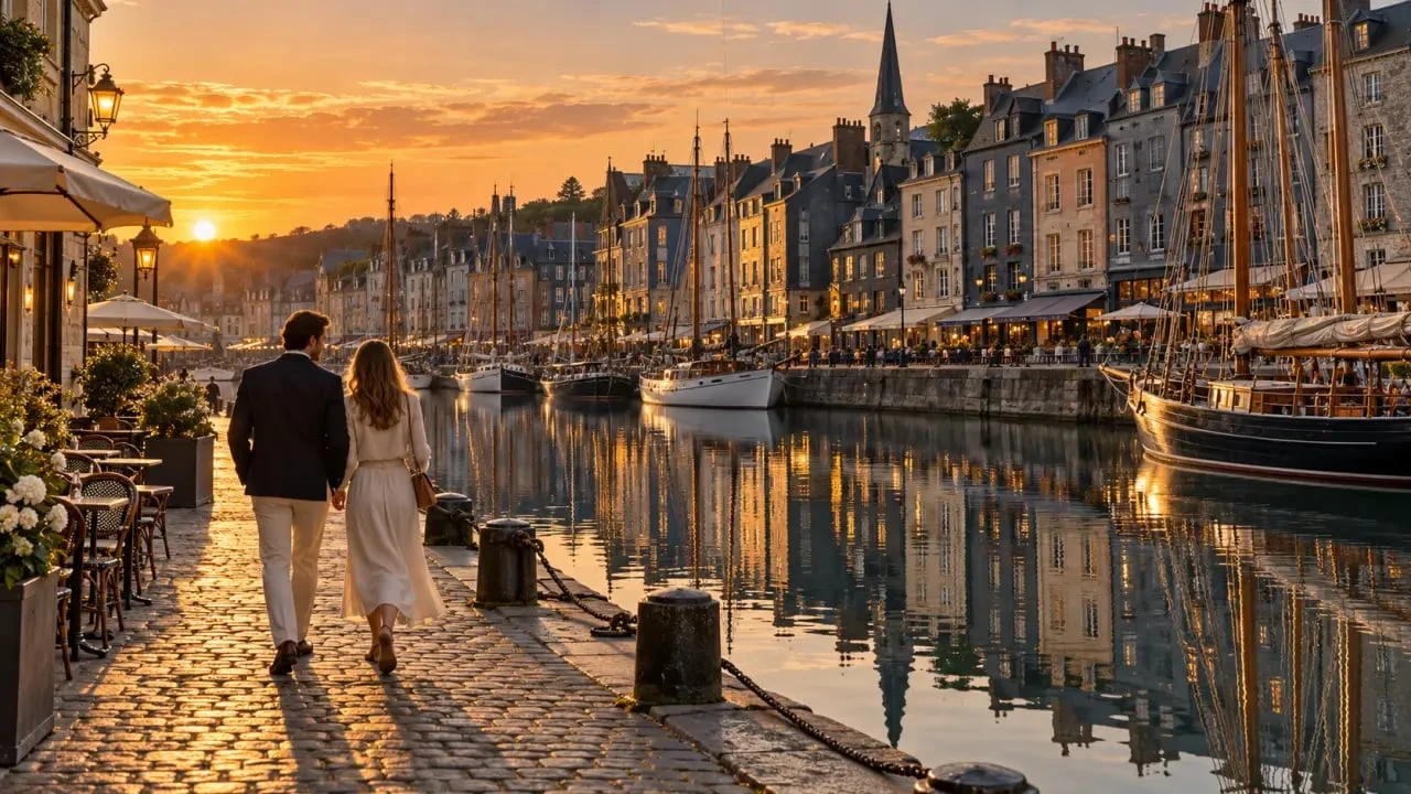 Week-end à Honfleur en amoureux au bord du Vieux Bassin au coucher du soleil