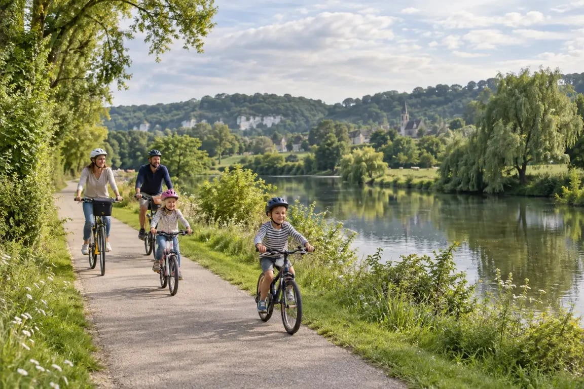 Voie verte Eure au bord de l'eau avec une famille à vélo