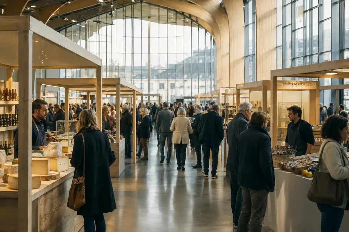 Ambiance du Salon Gourmand Rouen au Parc Expo, avec des stands de producteurs normands et des visiteurs en dégustation