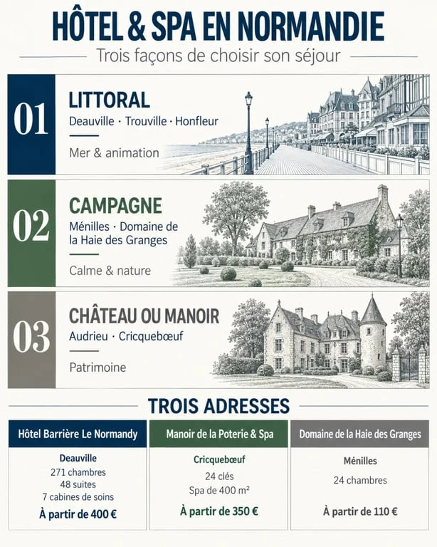 Infographie pour choisir un hôtel en Normandie avec spa selon le littoral, la campagne ou le château