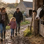 Ferme a visiter normandie : visiteurs près de la traite des vaches en bocage