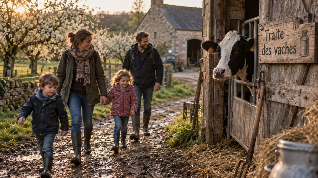Ferme a visiter normandie : visiteurs près de la traite des vaches en bocage