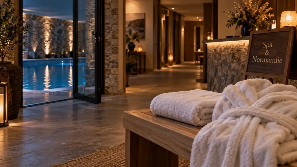 Hotel normandie avec spa, hall spa détente avec peignoir et serviette