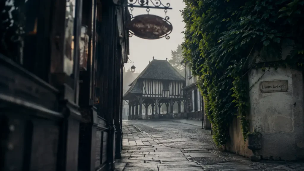Ruelle pavée de Lyons-la-Forêt, les plus beaux villages de l'eure