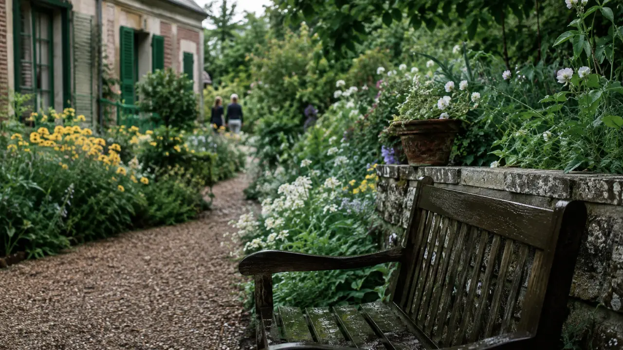 Les plus beaux villages de leure, Giverny au petit matin, chemin fleuri et jardin