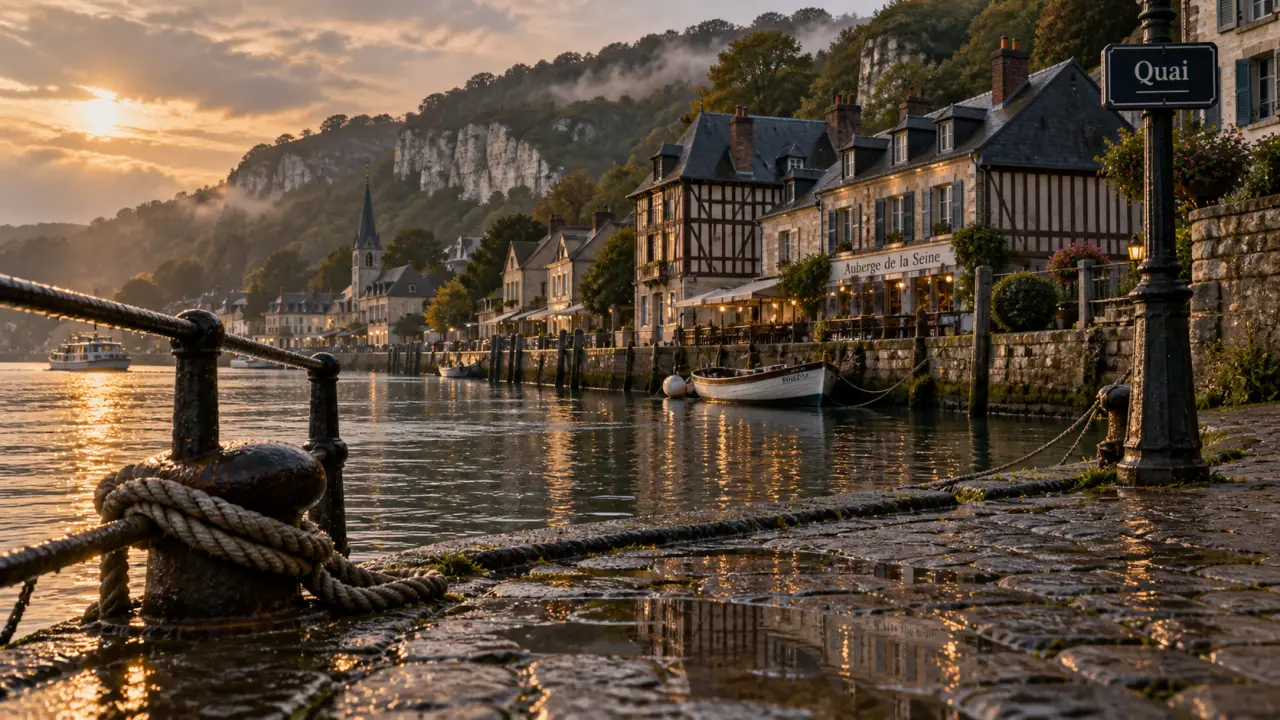 Quai à La Bouille, les plus beaux villages des boucles de la Seine, maisons à colombages et reflets sur la Seine