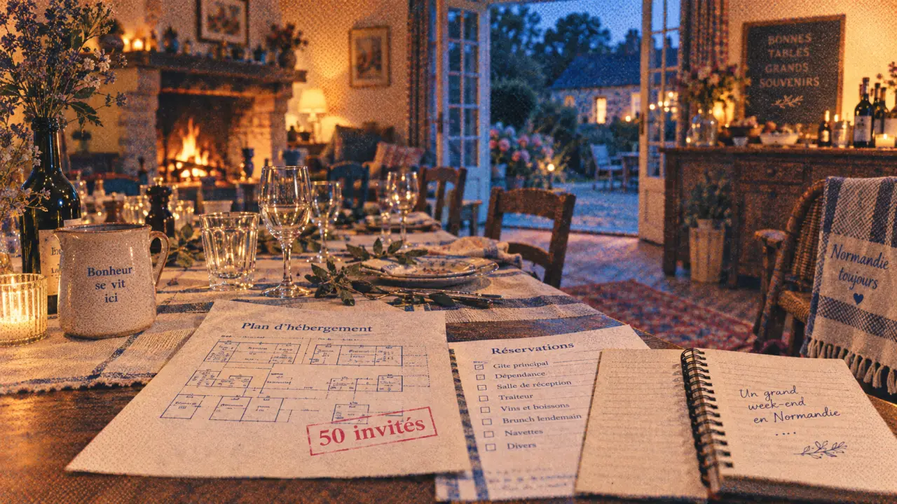 Location gîte anniversaire week end 50 personnes Normandie : table et plan de couchage