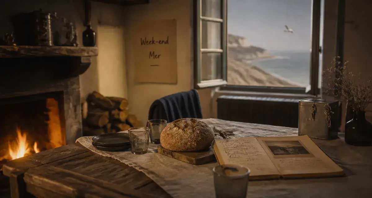 Location maison Normandie week end, intérieur près de la mer, cheminée et vue brumeuse