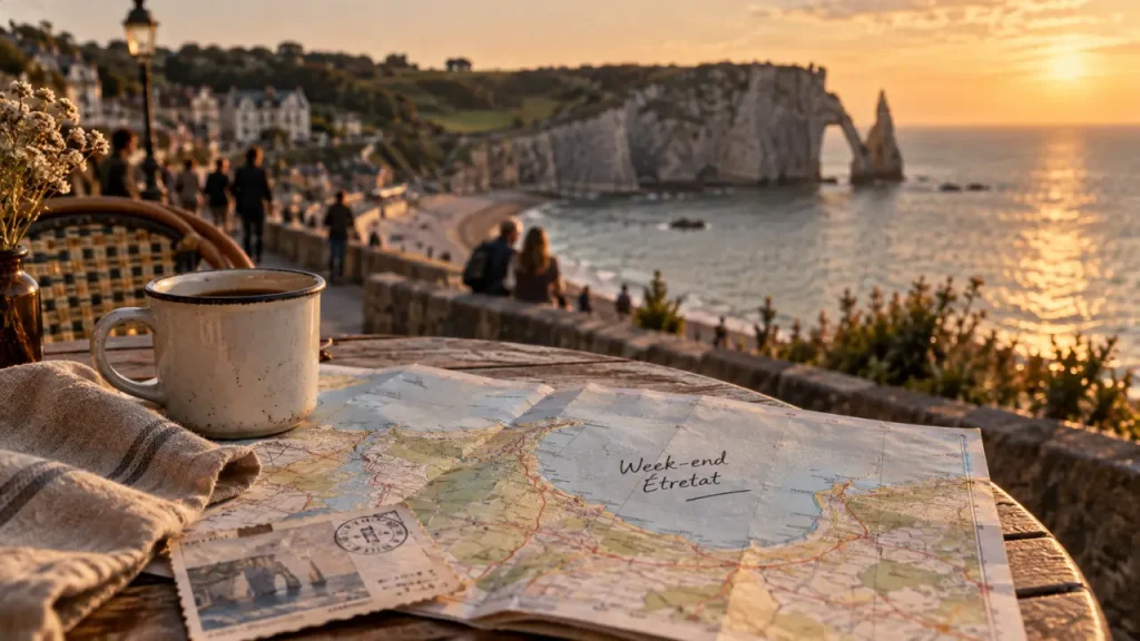 Ou partir en week end en Normandie : Étretat, carte et mer au coucher du soleil