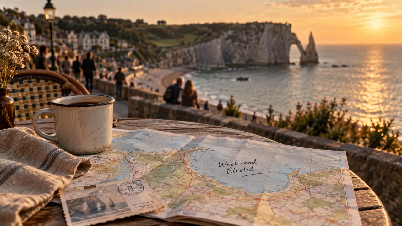 Ou partir en week end en Normandie : Étretat, carte et mer au coucher du soleil
