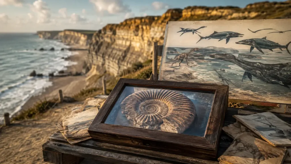 Paléospace à Villers-sur-Mer : ammonite au musée, falaises jurassiques en arrière-plan