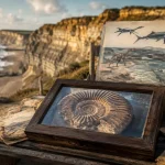 Paléospace à Villers-sur-Mer : ammonite au musée, falaises jurassiques en arrière-plan