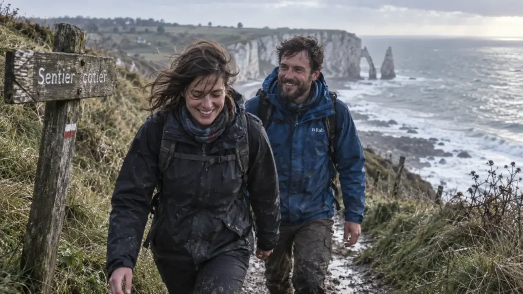 Parcours randonnée normandie : couple randonneurs sur sentier côtier près des falaises
