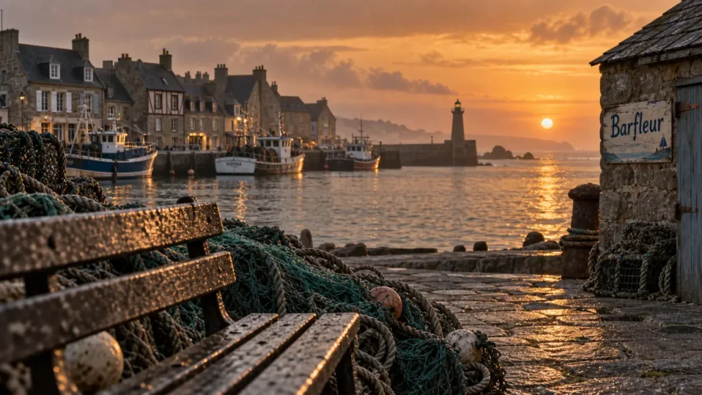 Plus beaux villages de france normandie : Barfleur, maisons à colombages et mer au coucher du soleil