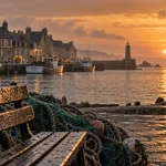 Plus beaux villages de france normandie : Barfleur, maisons à colombages et mer au coucher du soleil