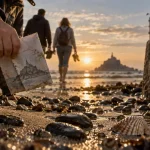 Que faire en Basse Normandie en famille : enfant sur la plage au Mont-Saint-Michel