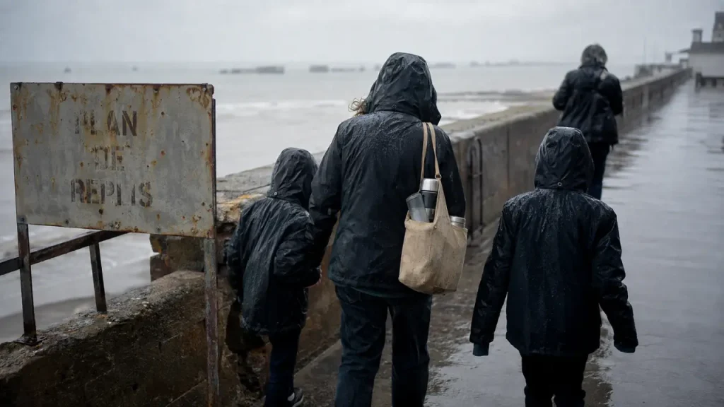 Que faire pendant les vacances de la Toussaint en Normandie : famille sur la jetée d’Arromanches sous la pluie