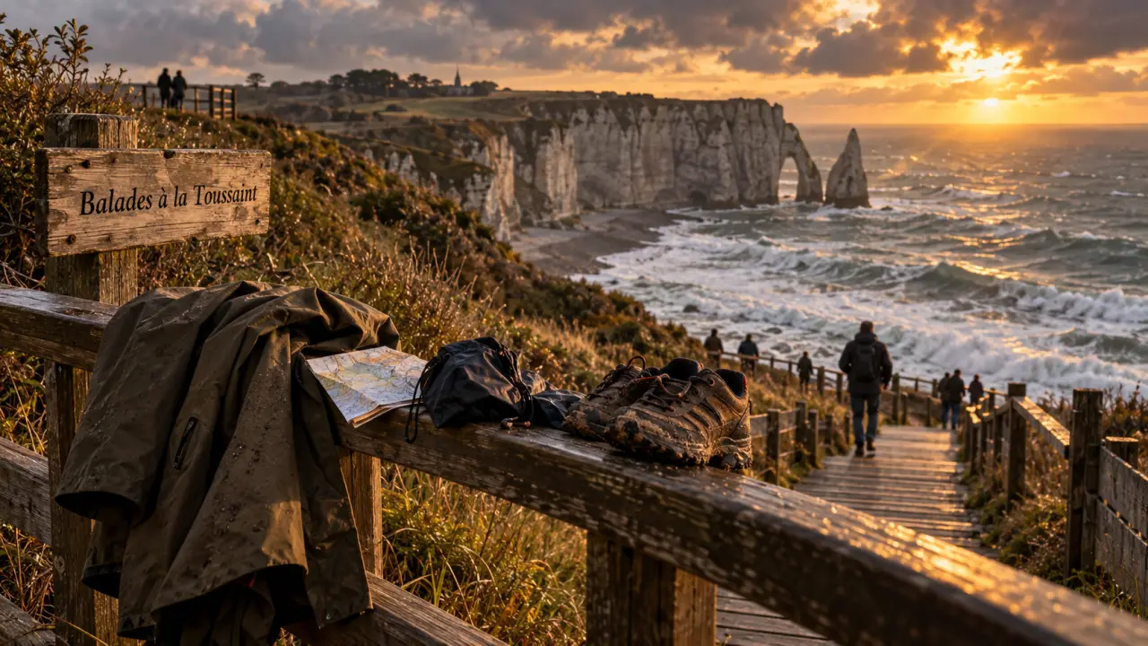 Que faire pendant les vacances de la Toussaint en Normandie : passerelle vers les falaises à l’automne