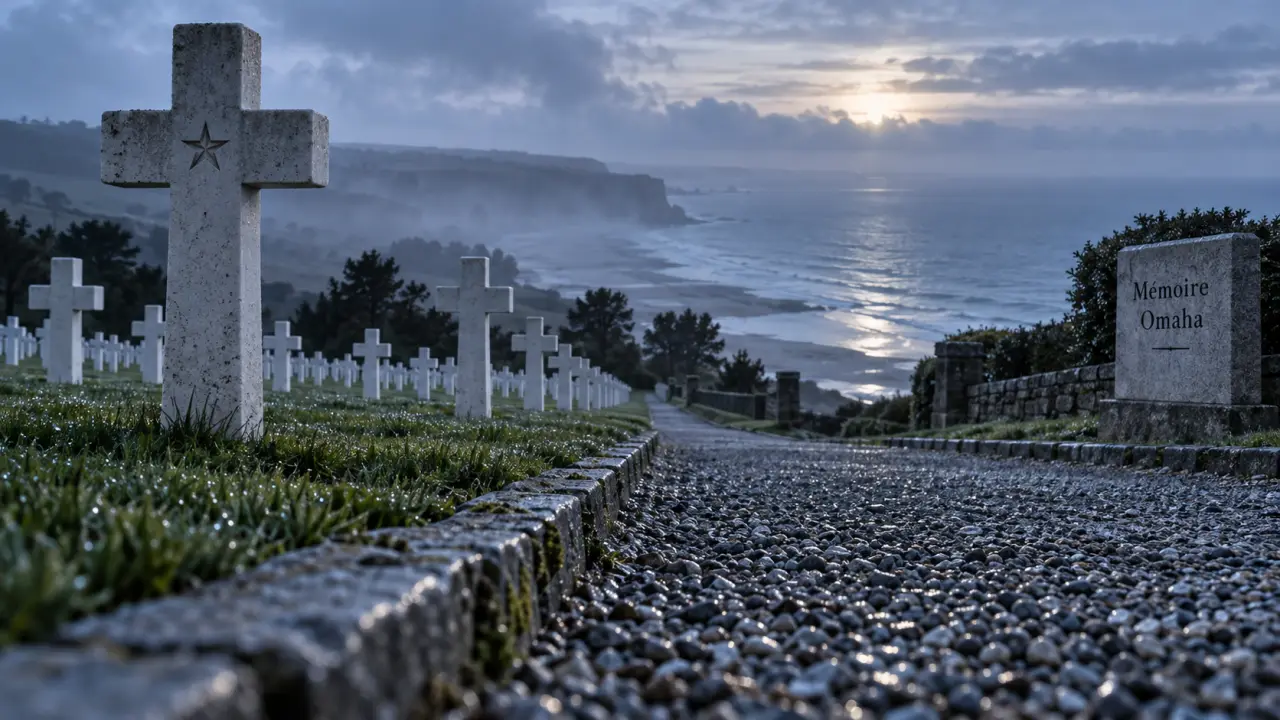 Quel cimetière visiter en Normandie : croix blanches dans un cimetière militaire de mémoire