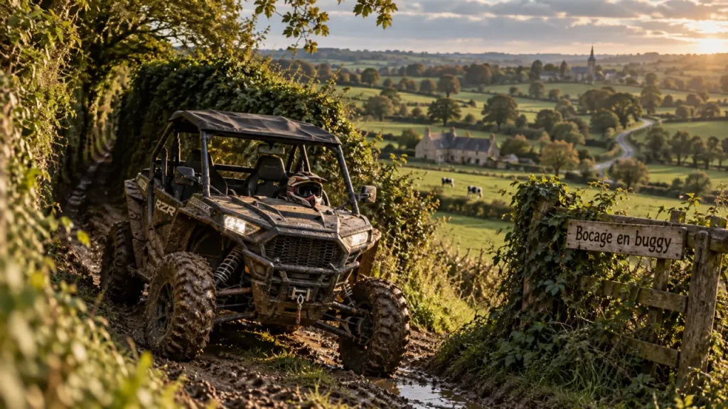 Randonnée buggy Normandie en bocage, buggy tout-terrain sur chemin creux