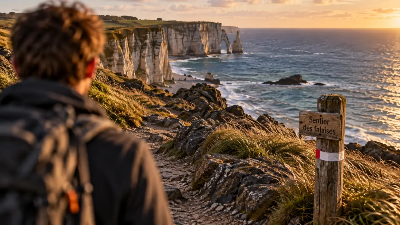Sentier randonnée normandie, falaises côtières en golden hour