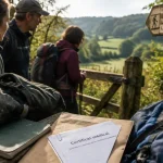 Randonneurs découvrant les sentiers du perche, panneau du club Les Sentiers du Perche