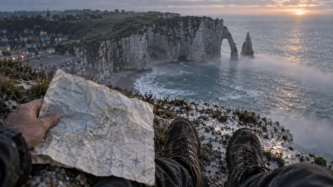 Site a visiter en normandie : sentier en falaise à Étretat, au petit matin