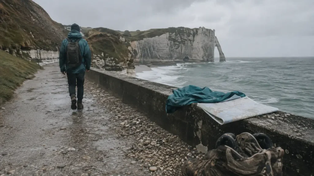 Sortir en haute normandie ce week end : marcheur sur sentier de craie à Étretat
