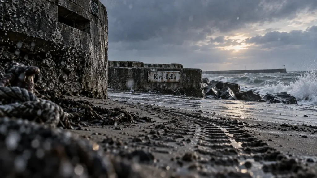 Sword beach ouistreham : bunker bétonné et traces sur le sable, Riva-Bella