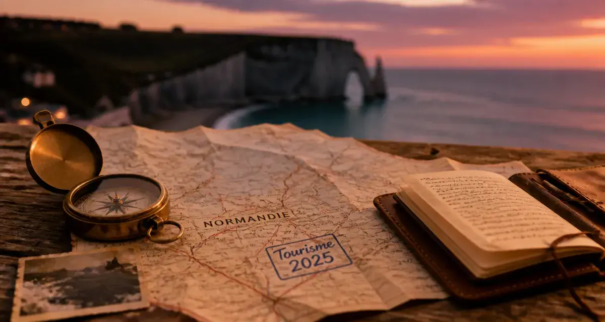 Tourisme Normandie 2025 : falaises d’Étretat au coucher du soleil, vue mer
