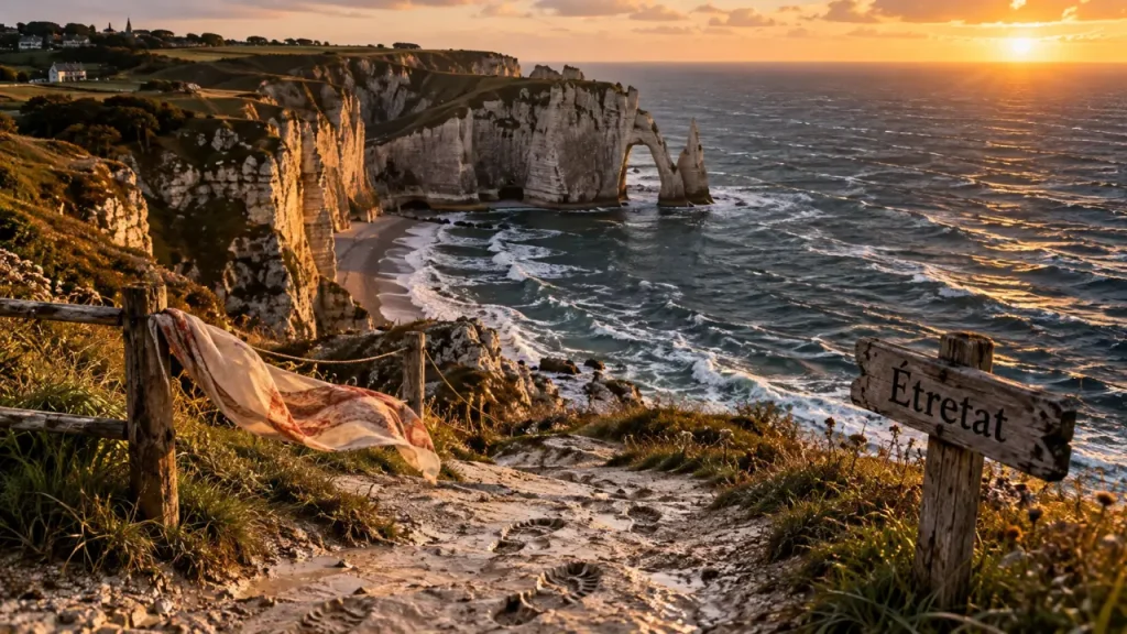 Vacances en normandie que faire : arc et falaises d’Étretat au coucher du soleil