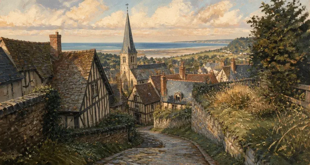Vieux Deauville, panorama du Coteau vers la Manche, église Saint-Laurent