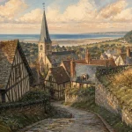 Vieux Deauville, panorama du Coteau vers la Manche, église Saint-Laurent