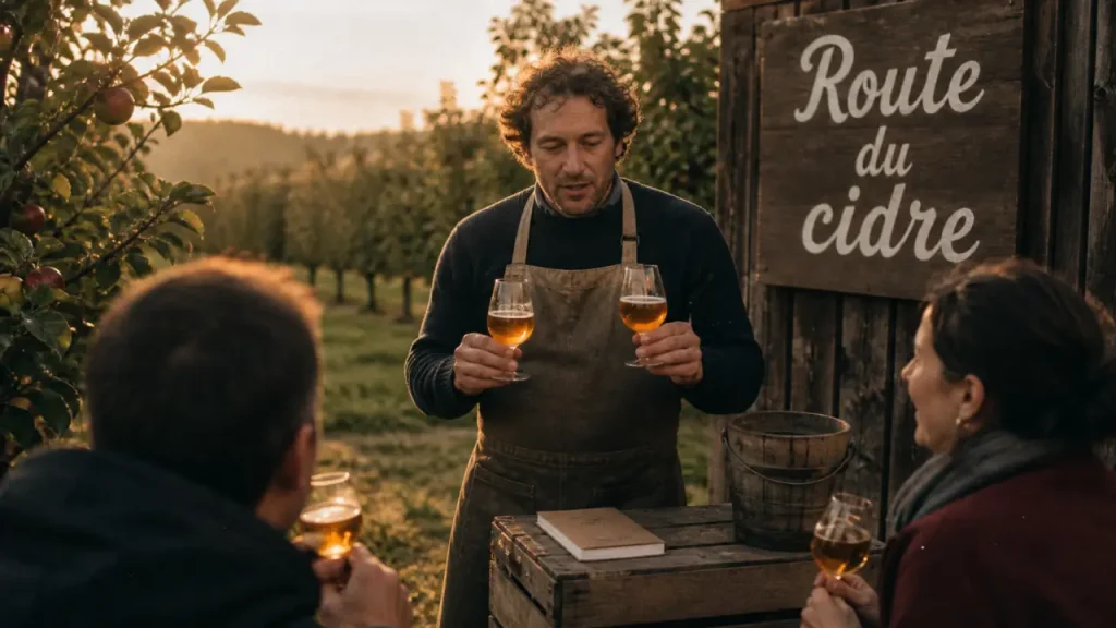 Visiter cidrerie Normandie : dégustation de cidre ambré dans un verger normand