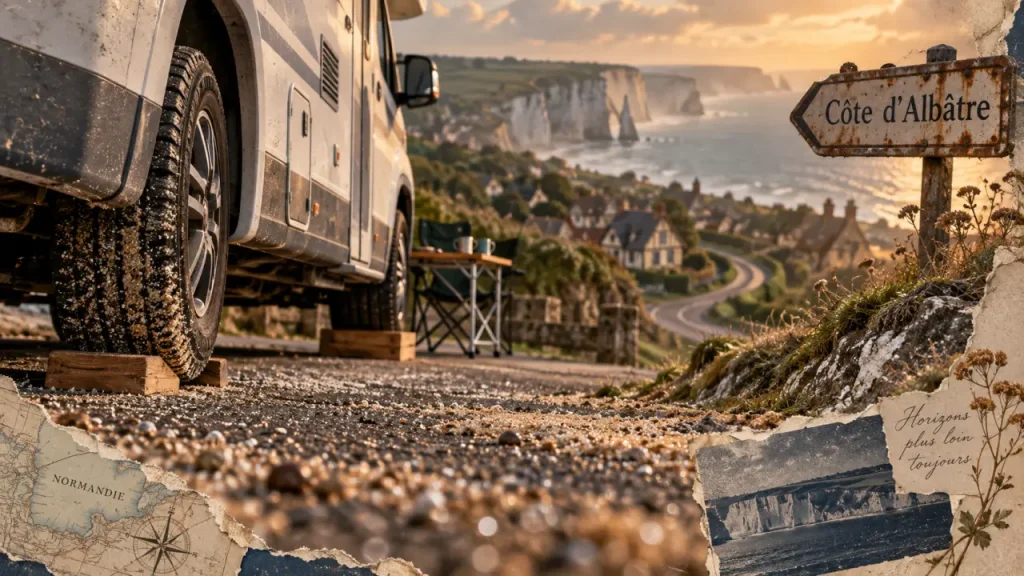 Visiter la Normandie en camping car : camping-car près de la Côte d’Albâtre, parking en bord de route
