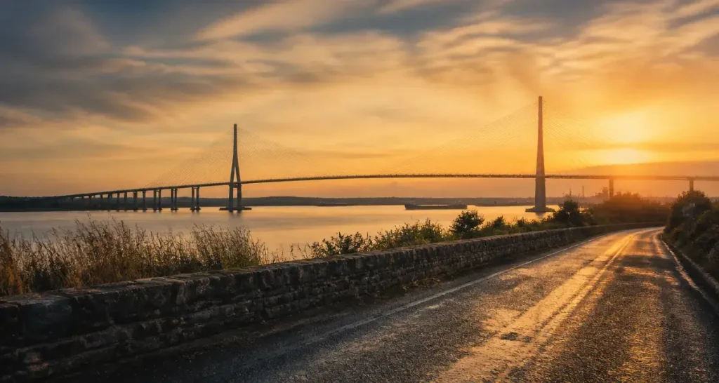 Visiter le pont de Normandie : vue au coucher du soleil entre Honfleur et Le Havre