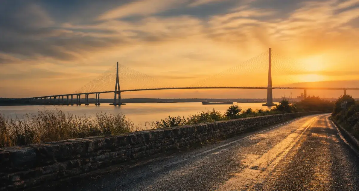 Visiter le pont de Normandie : vue au coucher du soleil entre Honfleur et Le Havre