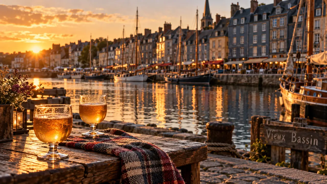 Week end à Honfleur en amoureux au Vieux Bassin, coucher de soleil doré