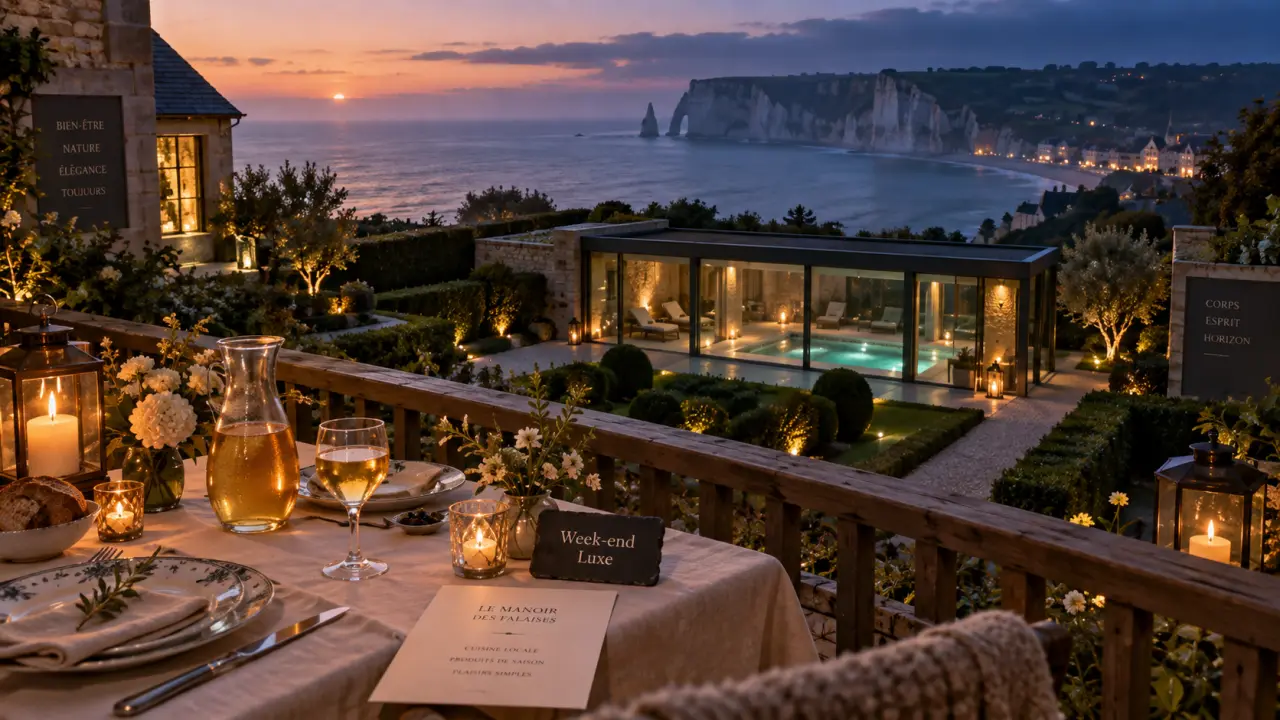 week end luxe normandie : table terrasse, spa vitré et mer au loin