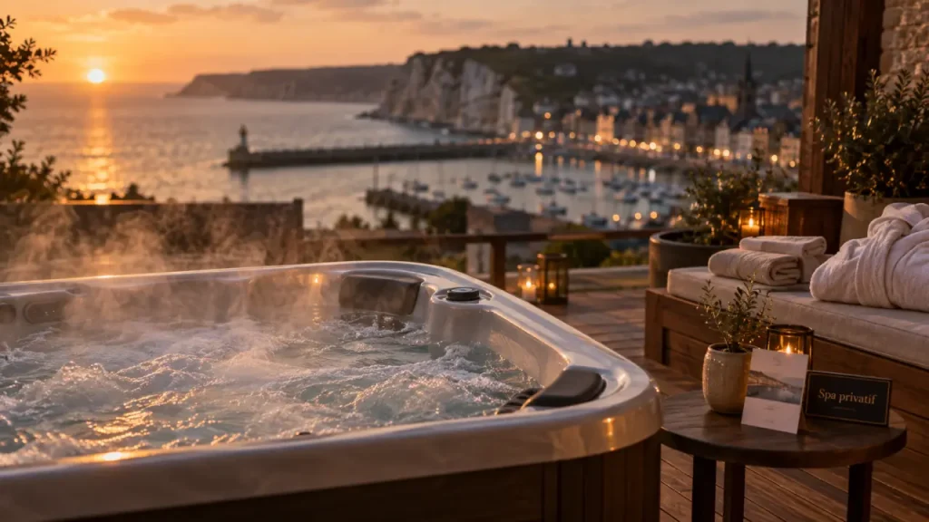 Week end normandie spa privatif : jacuzzi extérieur privé golden hour, vue mer et Honfleur