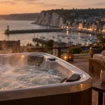 Week end normandie spa privatif : jacuzzi extérieur privé golden hour, vue mer et Honfleur