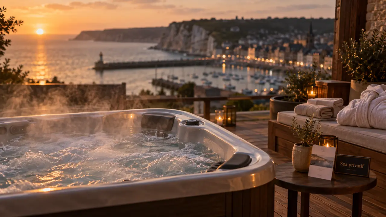 Week end normandie spa privatif : jacuzzi extérieur privé golden hour, vue mer et Honfleur