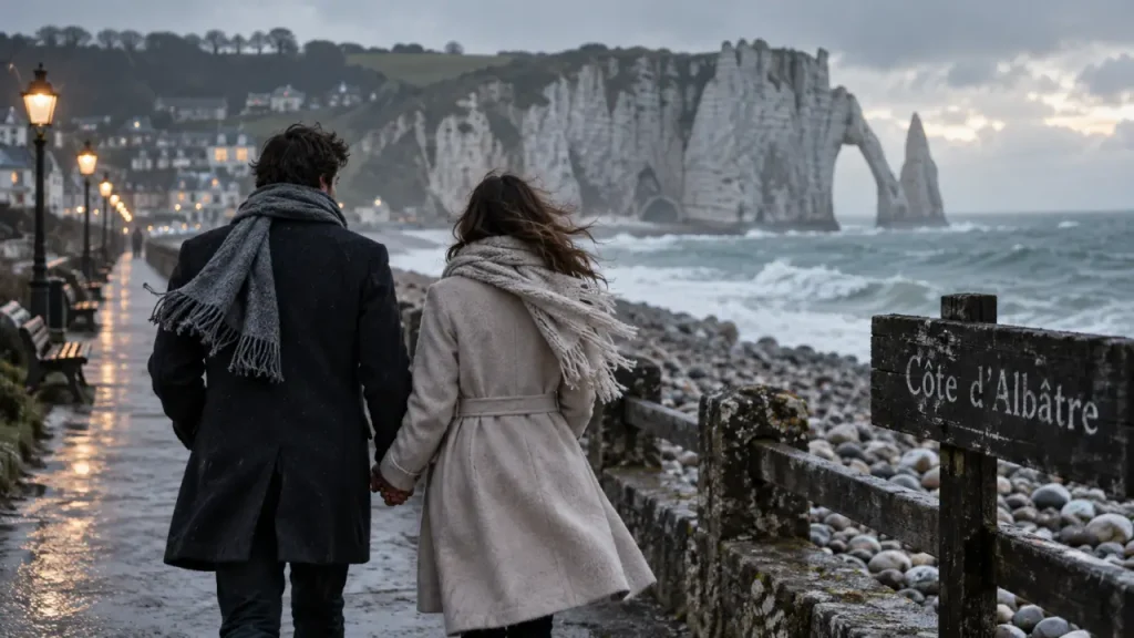 Week end saint valentin normandie : couple à Étretat, promenade mer et falaises